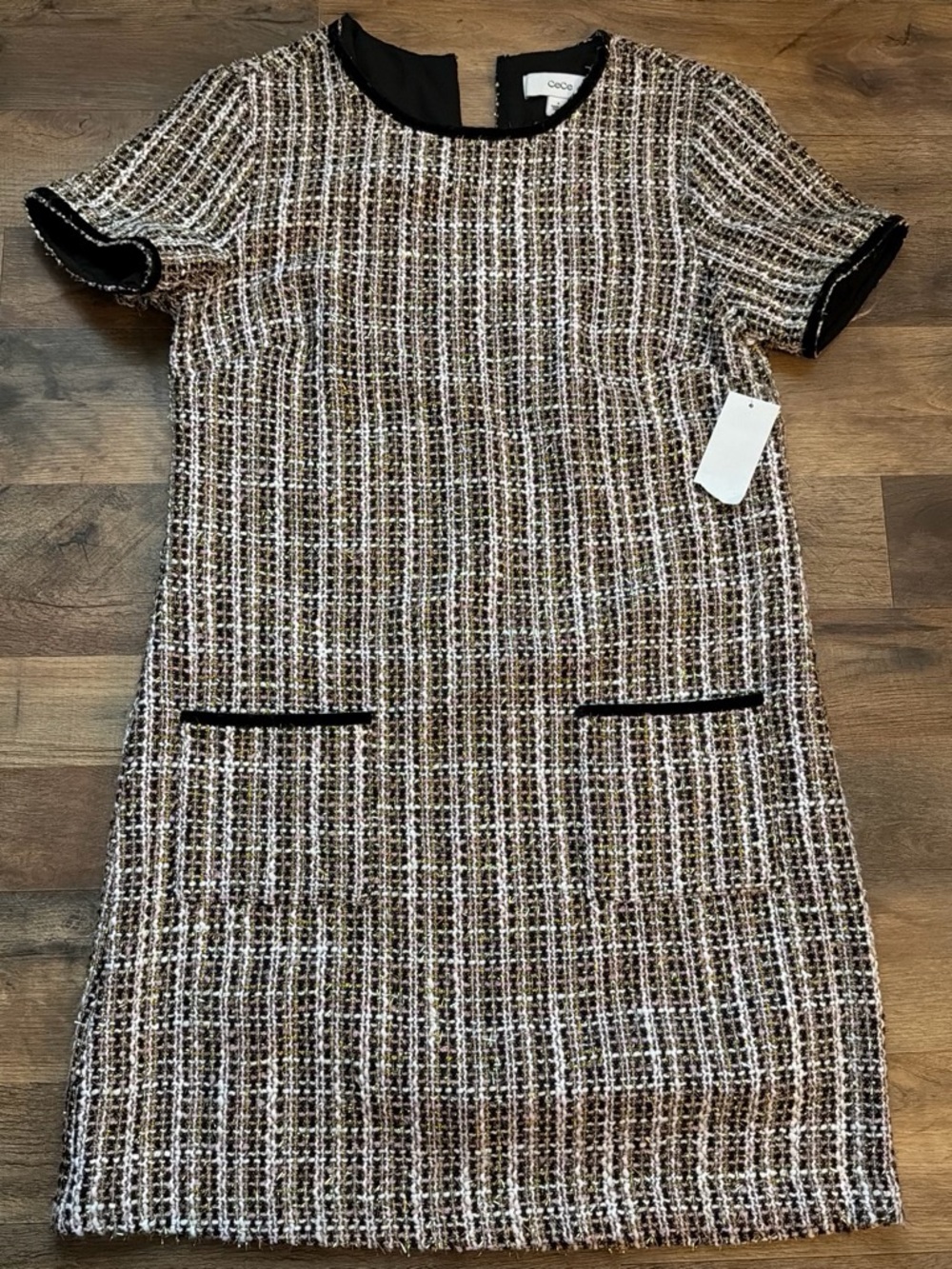 Cece Black and Cream Tweed Mini Shift Dress With gold and Pink Details